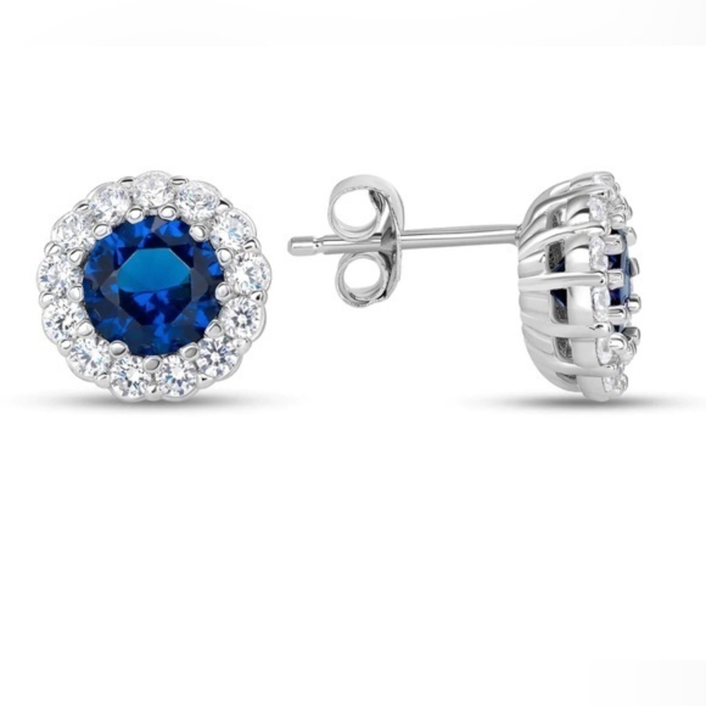 Silver 925 Rhodium Plated Blue Cubic Zirconia Round Stud Earring - Picture 1 of 2